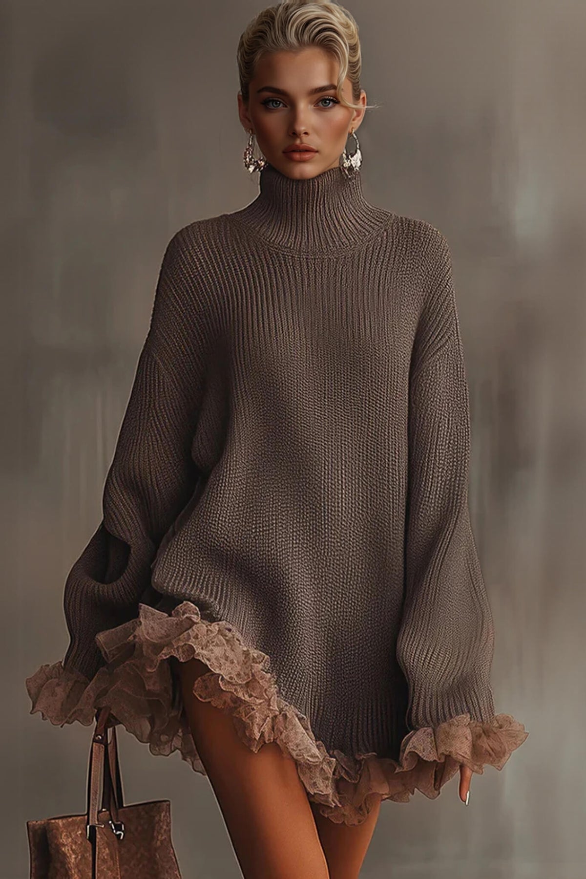 Fashion Solid Color Turtleneck Long-sleeved Loose Ruffle Knit Mini Dress