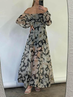 Aurohaya Elegant Off-Shoulder Printed Puff Sleeve Maxi Dress