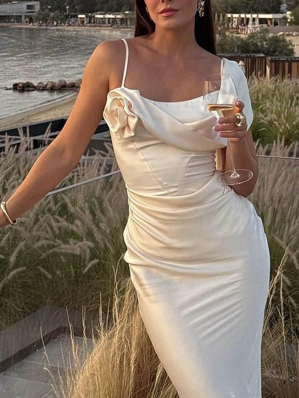 Aurohaya Elegant Pleated Fishtail Ribbon Fitted Party Maxi Dress