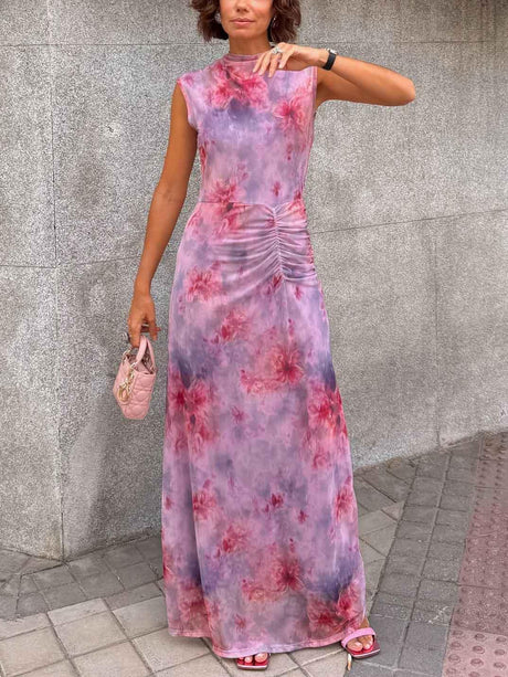Aurohaya Retro Gradient Floral Mesh Print Slim Maxi Dress Purple