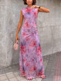 Aurohaya Retro Gradient Floral Mesh Print Slim Maxi Dress Purple