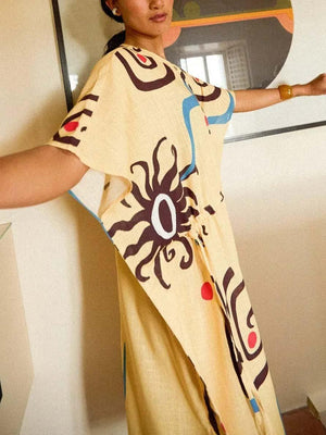 Aurohaya Unique Art Sun Floral Print Waist Tie Maxi Dress