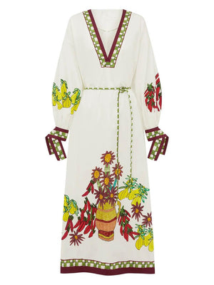 Aurohaya Unique Floral Print V-Neck Cuff Buttons Loose Maxi Dress