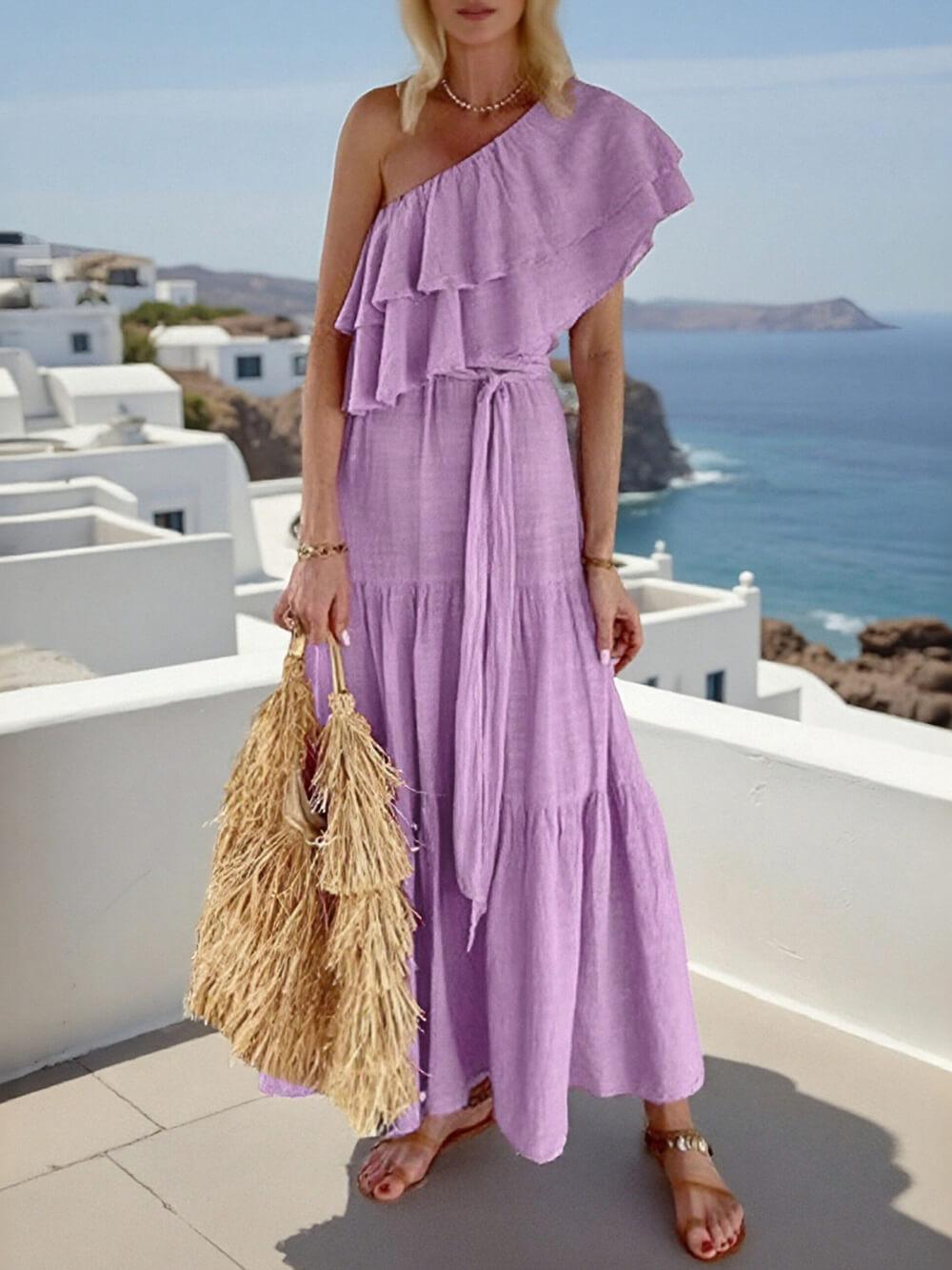 Aurohaya Romantic One-Shoulder Ruffle Tie-Waist Midi Dress