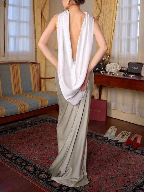 Aurohaya Elegant Open Back Contrast Satin Draped Maxi Dress