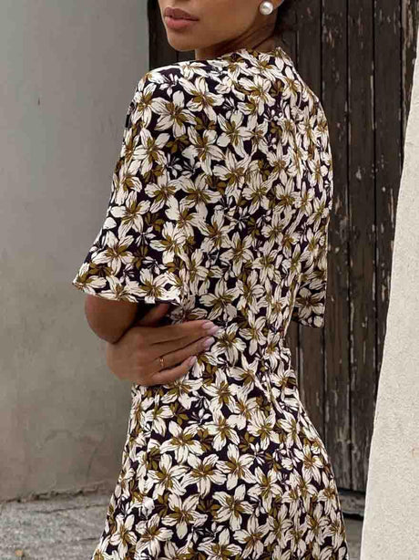 Aurohaya Elegant Satin Floral Print Slit Midi Dress