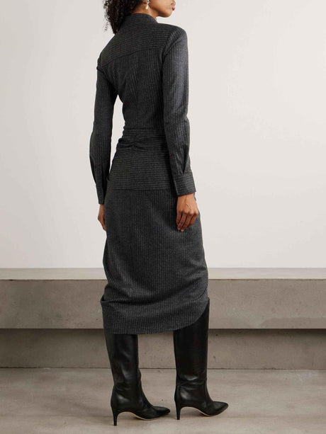 Aurohaya Exquisite Draped Pinstripe Wrap Midi Shirt Dress