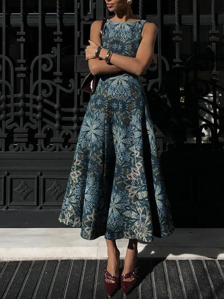 Aurohaya Retro Ethnic Print A-Line Midi Dress