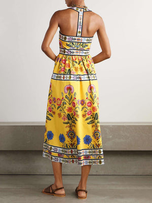 Aurohaya Unique Satin Floral Print Racerback With Pockets Midi Dress