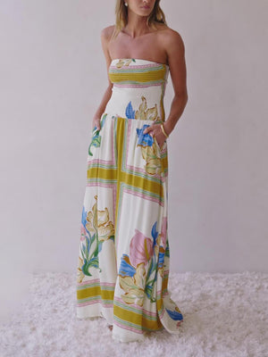 Aurohaya Elegant Off-Shoulder Printed Ruched A-Line With Pockets Maxi Dress