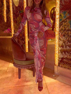 Aurohaya Unique Abstract Geometric Print Mesh Lace-up Maxi Dress