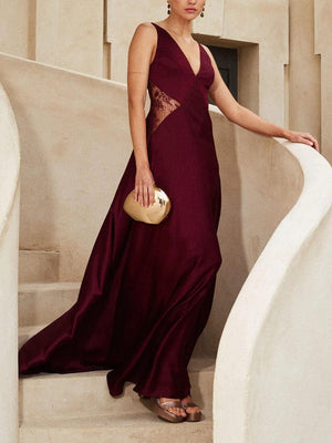 Aurohaya Elegant V-neck Lace Paneled Satin Maxi Dress