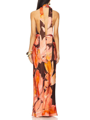 Aurohaya Elegant Halterneck Retro Floral Print Maxi Dress