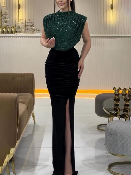 Aurohaya Sequin Panel Sleeveless Party Slit Dress Dark Green