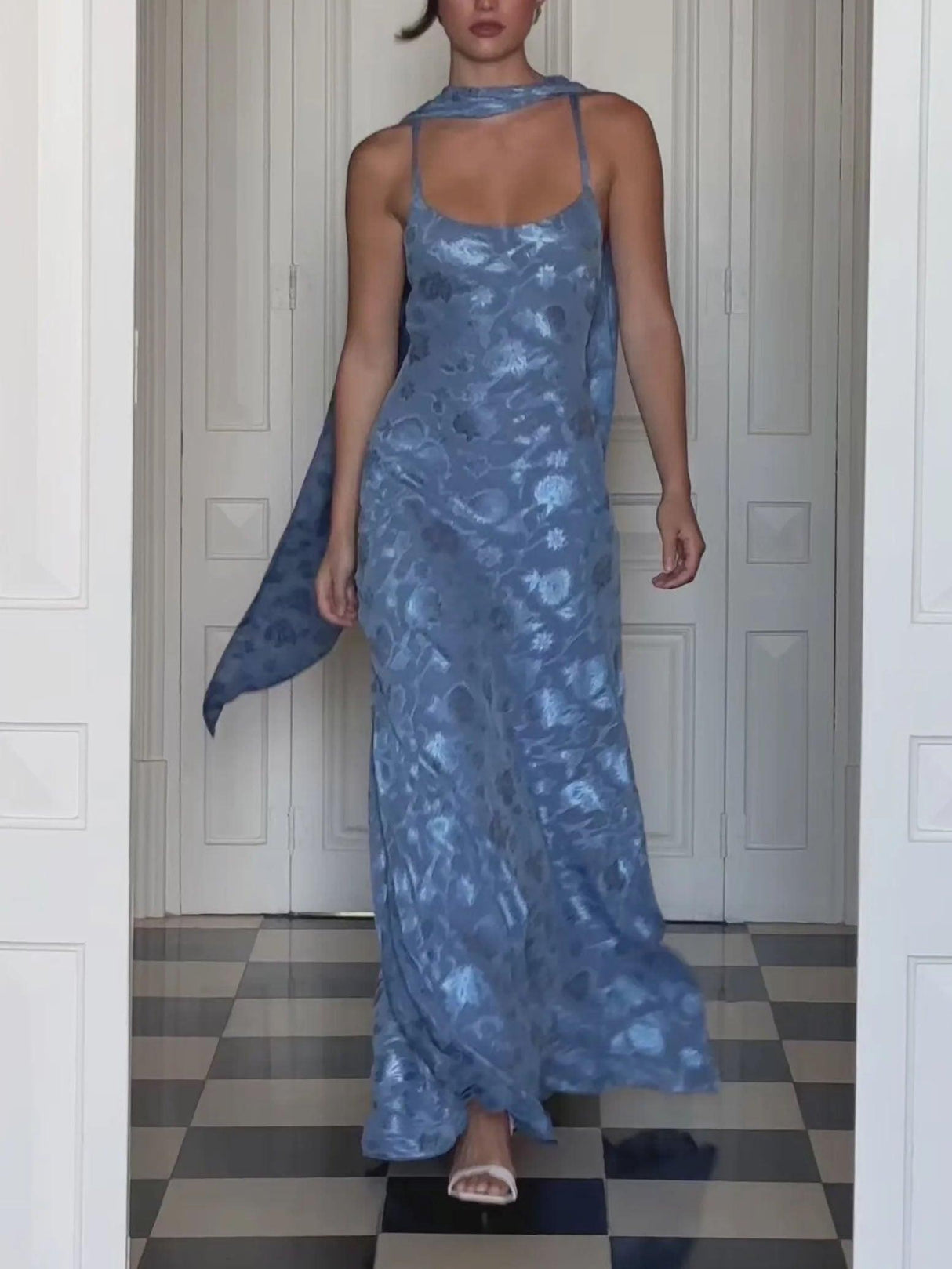 Aurohaya Elegant Satin Jacquard Maxi Dress