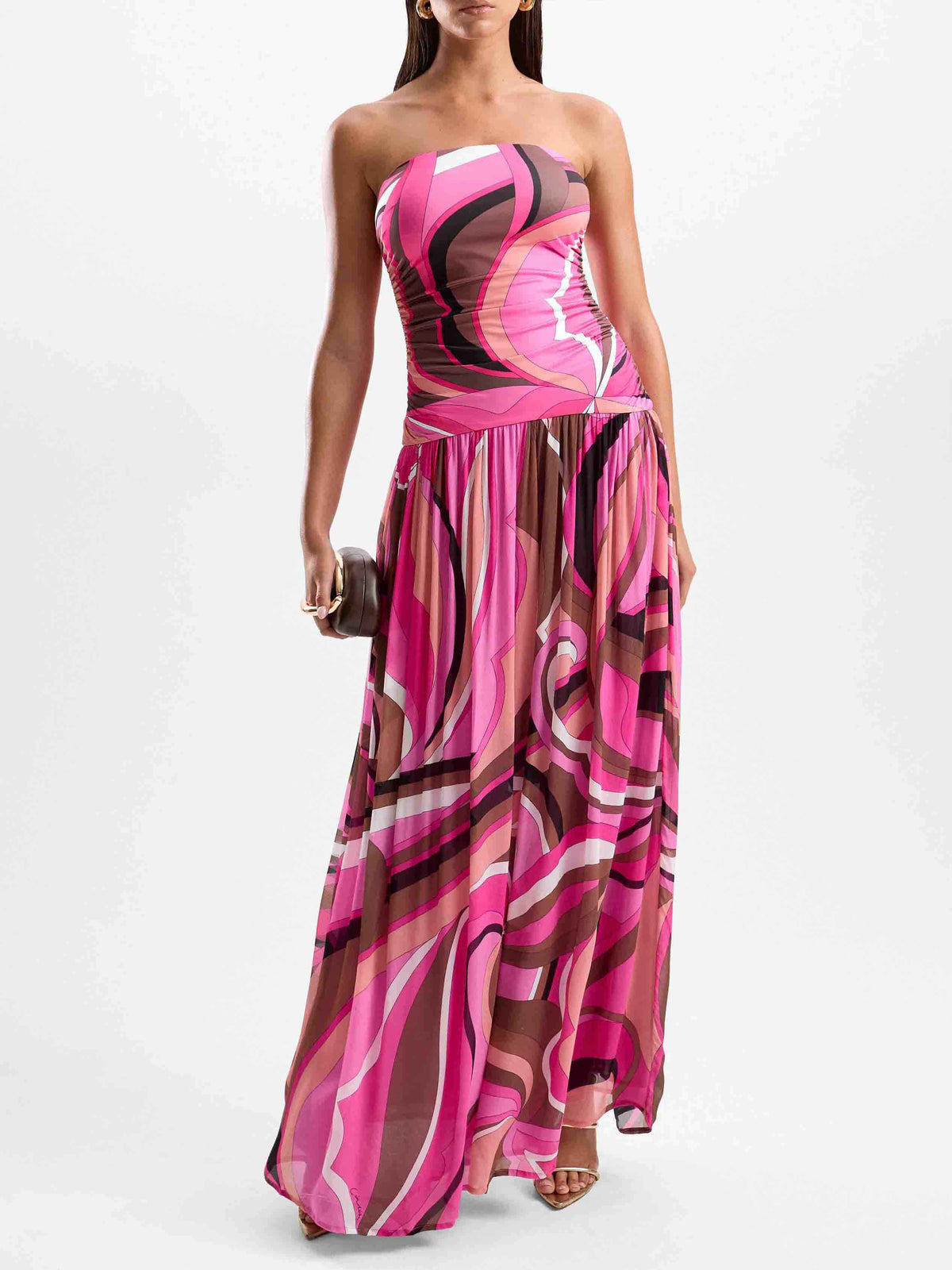 Exquisite Abstract Print Strapless Pleated Maxi Dress