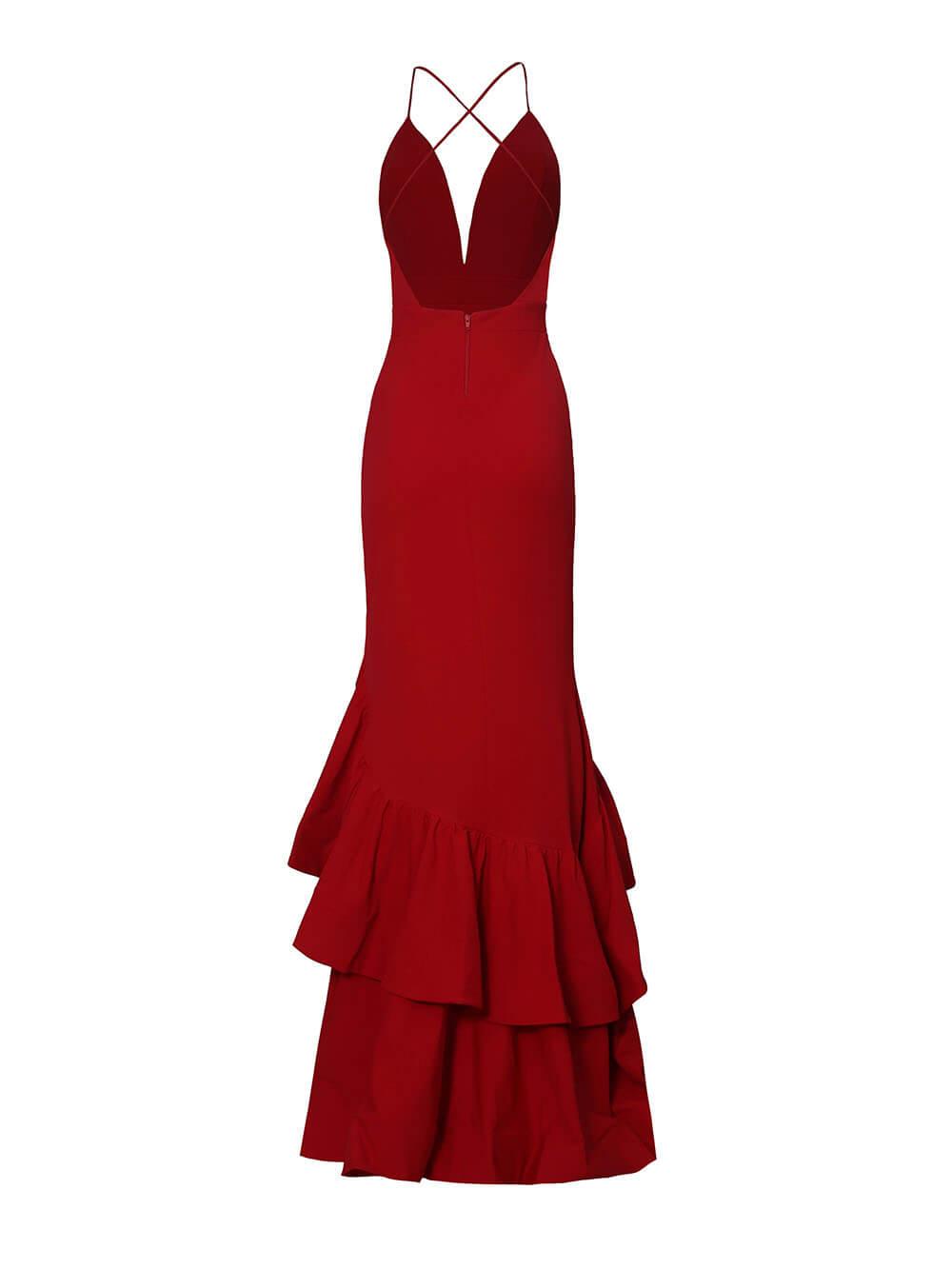 Aurohaya Sexy Deep V-Neck Ruffled Layered Mermaid Maxi Dress