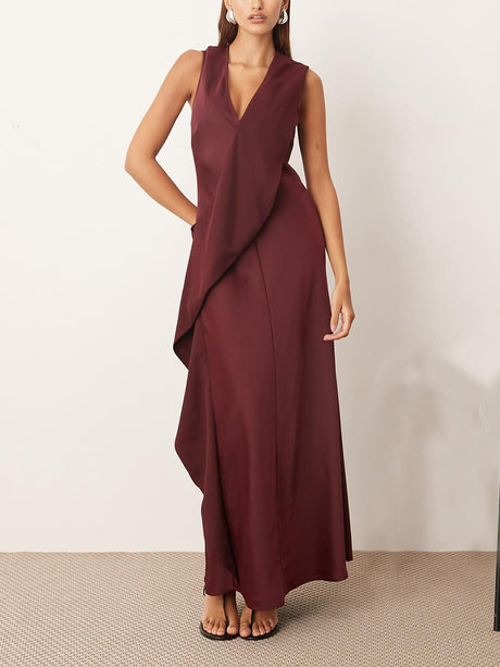 Aurohaya Elegant Contrast Panel Sleeveless Maxi Dress Deep Red