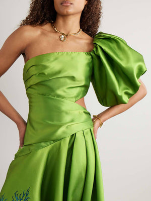 Aurohaya Unique One-Shoulder Gathered Printed Satin-Twill Maxi Dress