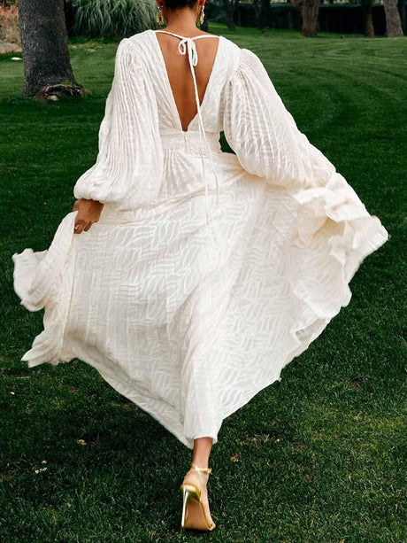 Aurohaya Elegant V-neck Pleated Long-sleeved Maxi Dress