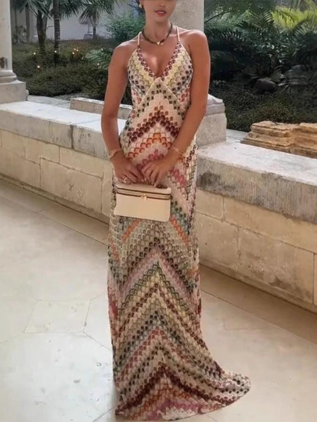 Aurohaya Unique Knit Colorful Herringbone Open Back Maxi Dress