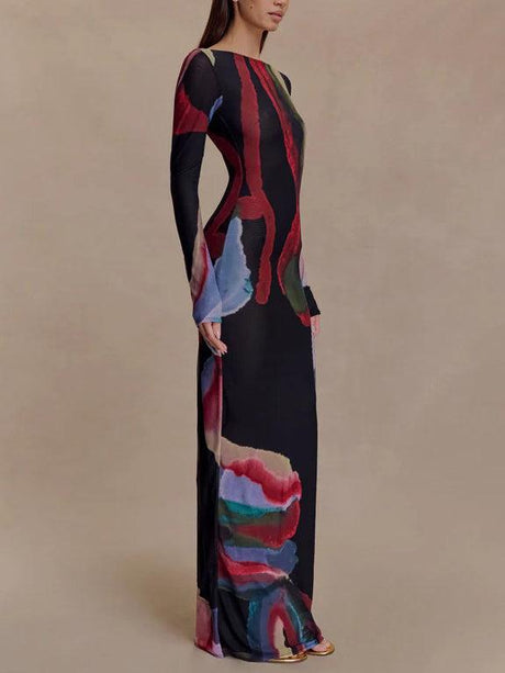 Aurohaya Exquisite Abstract Print Bodycon Long-sleeved Maxi Dress