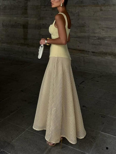 Aurohaya Elegantly Structured Bustier Mesh A-Line Maxi Dress