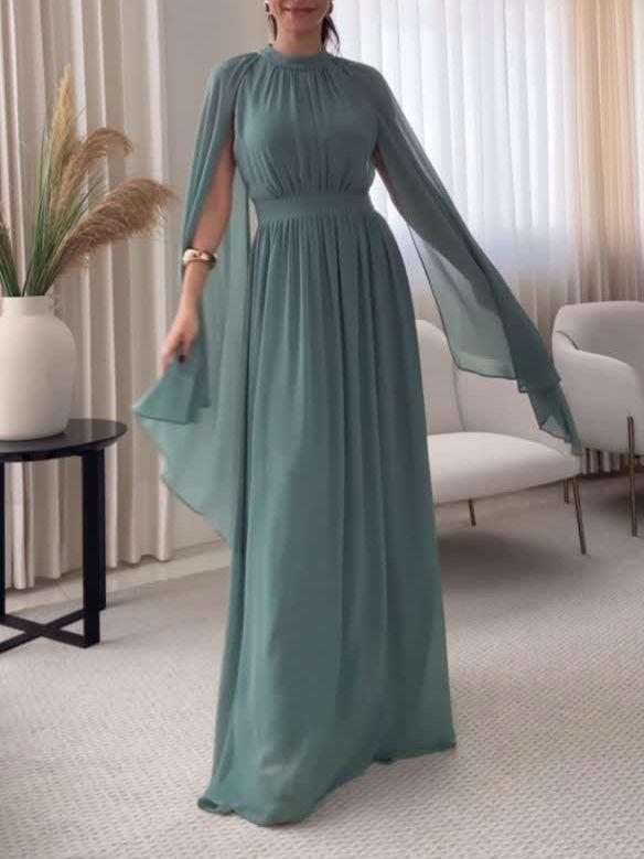 Aurohaya Elegant High-neck Cape Chiffon Flowing Long Dress