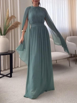 Aurohaya Elegant High-neck Cape Chiffon Flowing Long Dress