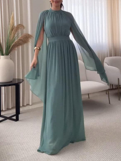 Aurohaya Elegant High-neck Cape Chiffon Flowing Long Dress