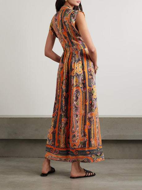 Aurohaya Delicate Belted Paisley Print Satin Maxi Dress