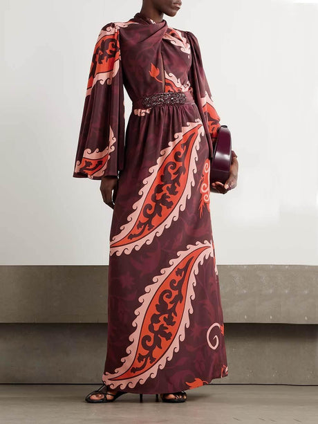 Aurohaya Unique Vintage Paisley Print Satin Belted Maxi Dress Burgundy