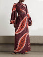 Aurohaya Unique Vintage Paisley Print Satin Belted Maxi Dress Burgundy