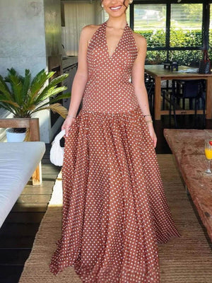 Aurohaya Chic Polka Dot Print V-Neck Halter Tie-Neck Maxi Dress Burgundy