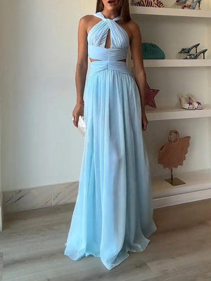 Aurohaya Elegant Halter Twist Front Cutout Pleated Maxi Dress