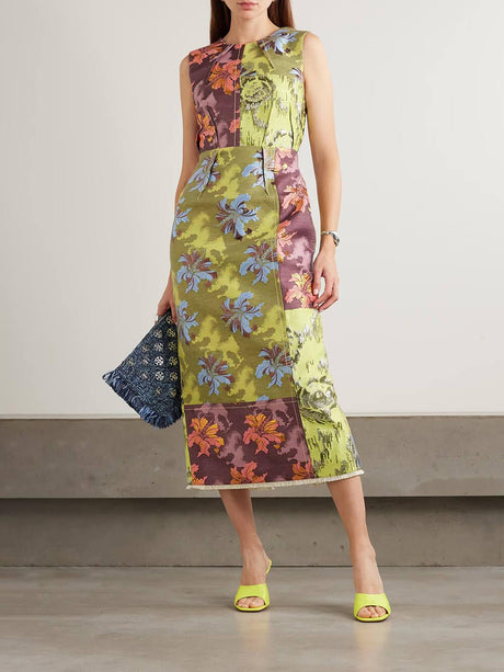 Aurohaya Retro Unique Patchwork Floral Print Midi Dress Multicolor