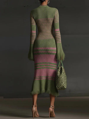 Aurohaya Retro Irregular Striped Tassel Knitted Midi Dress