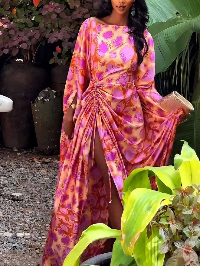 Aurohaya Vibrant Abstract Print Ruched High-Slit Maxi Dress