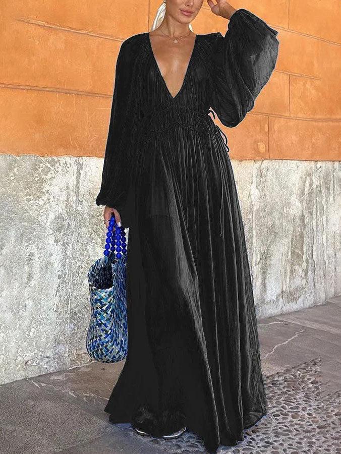 Aurohaya Elegant V-neck Chiffon Waist Pleated Maxi Dress