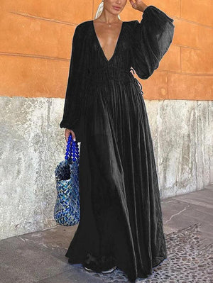 Aurohaya Elegant V-neck Chiffon Waist Pleated Maxi Dress