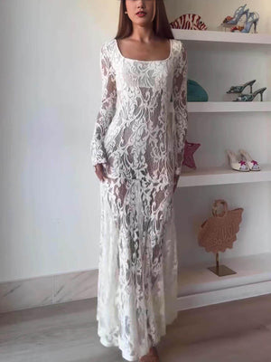 Aurohaya Exquisite Lace Square-neck Long-sleeved Maxi Dress