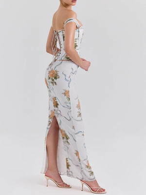 Aurohaya Retro Print Corset Maxi Dress