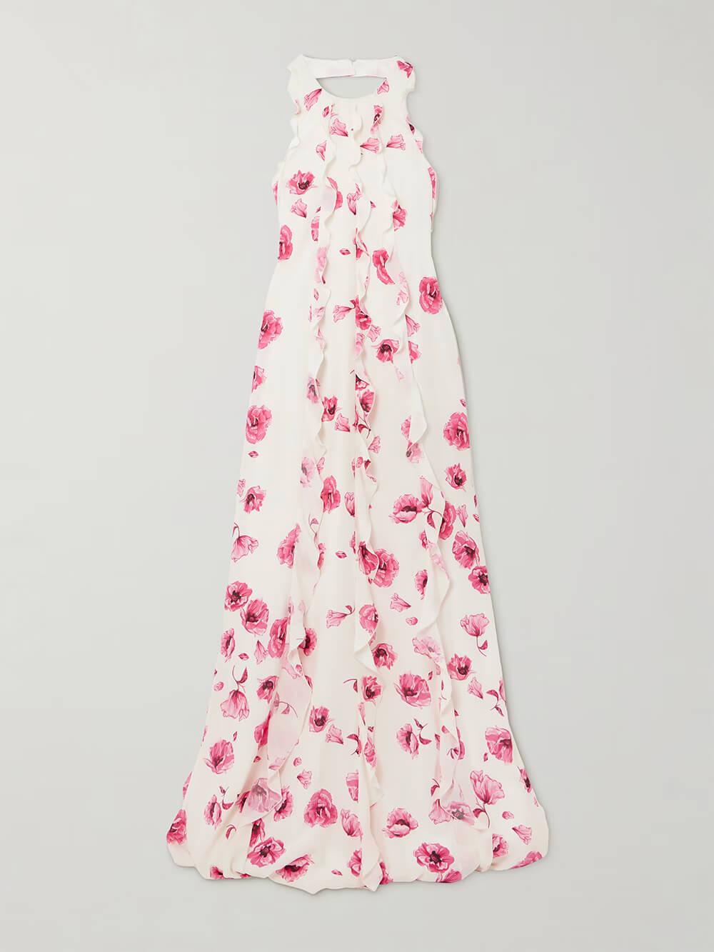 Aurohaya Retro Ruffle Floral Print Chiffon Crepe Chine Halter Maxi Dress
