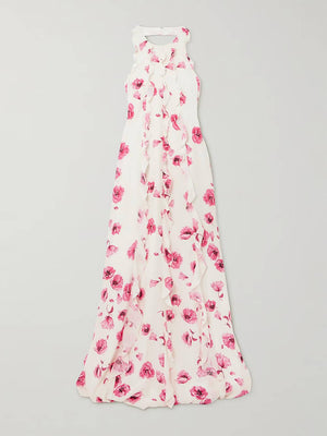 Aurohaya Retro Ruffle Floral Print Chiffon Crepe Chine Halter Maxi Dress