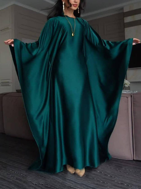 Aurohaya Elegant Satin Batwing Sleeve with Waist Tie Design Dignified A-line Maxi Dress Dark Green