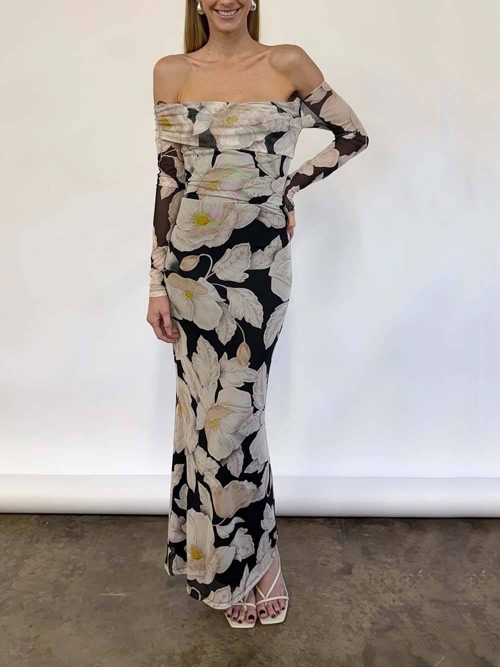 Aurohaya Elegant Floral Print Off-Shoulder Mesh Maxi Dress Black