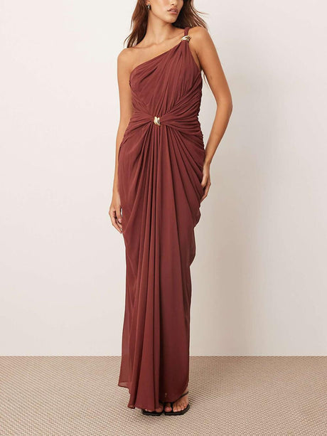 Aurohaya Elegant One-Shoulder Draped Twist Metal Trim Maxi Dress Chocolate