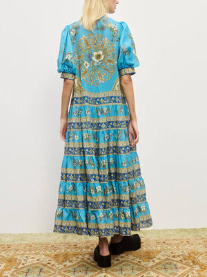Aurohaya Unique Floral Print Puff Sleeve Tiered Shirt Maxi Dress