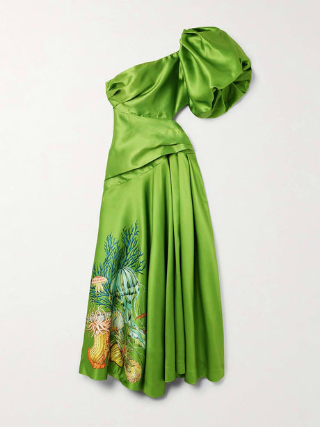 Aurohaya Unique One-Shoulder Gathered Printed Satin-Twill Maxi Dress