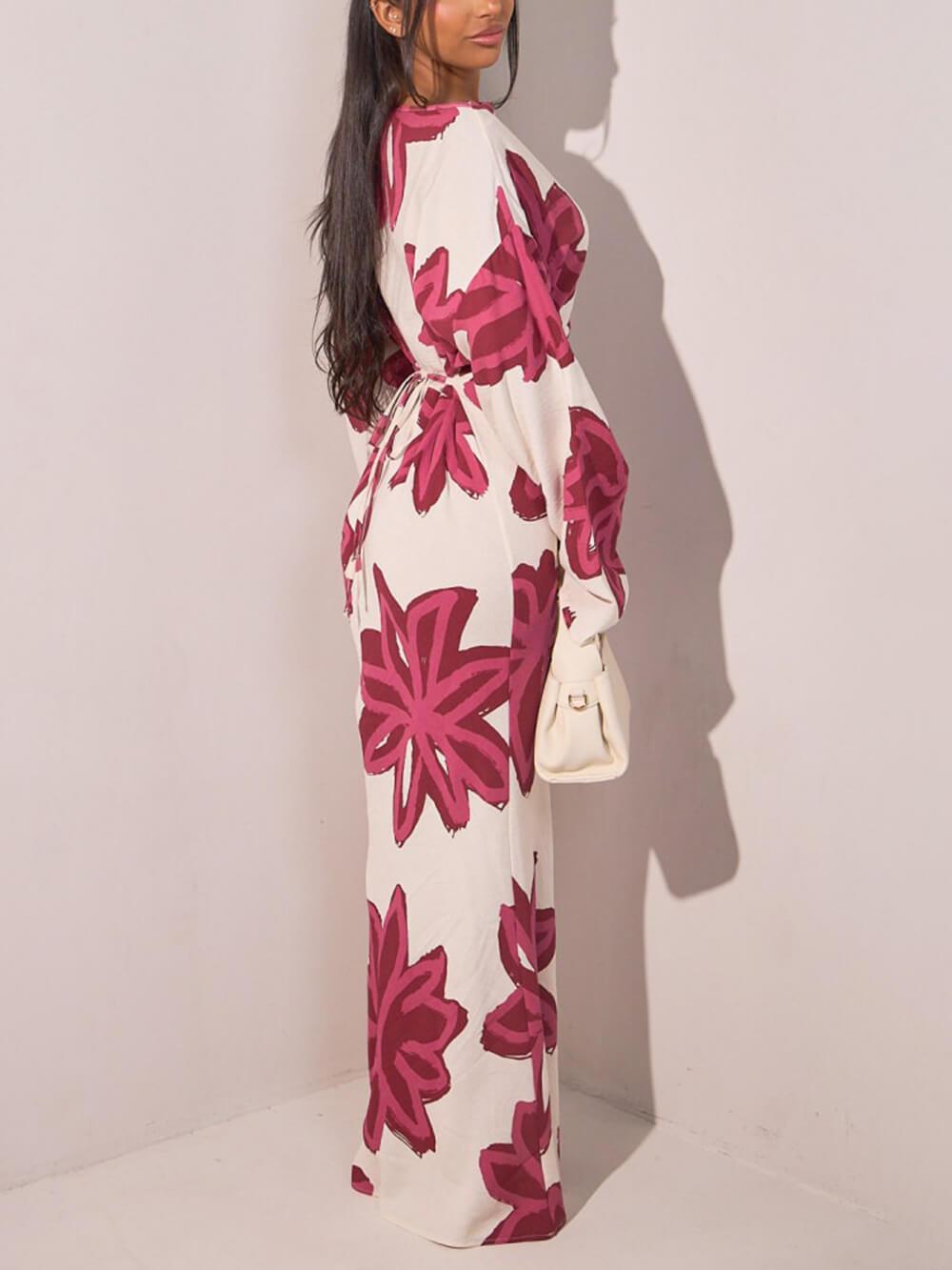 Aurohaya Elegant Floral Print Waist-Defined Maxi Dress